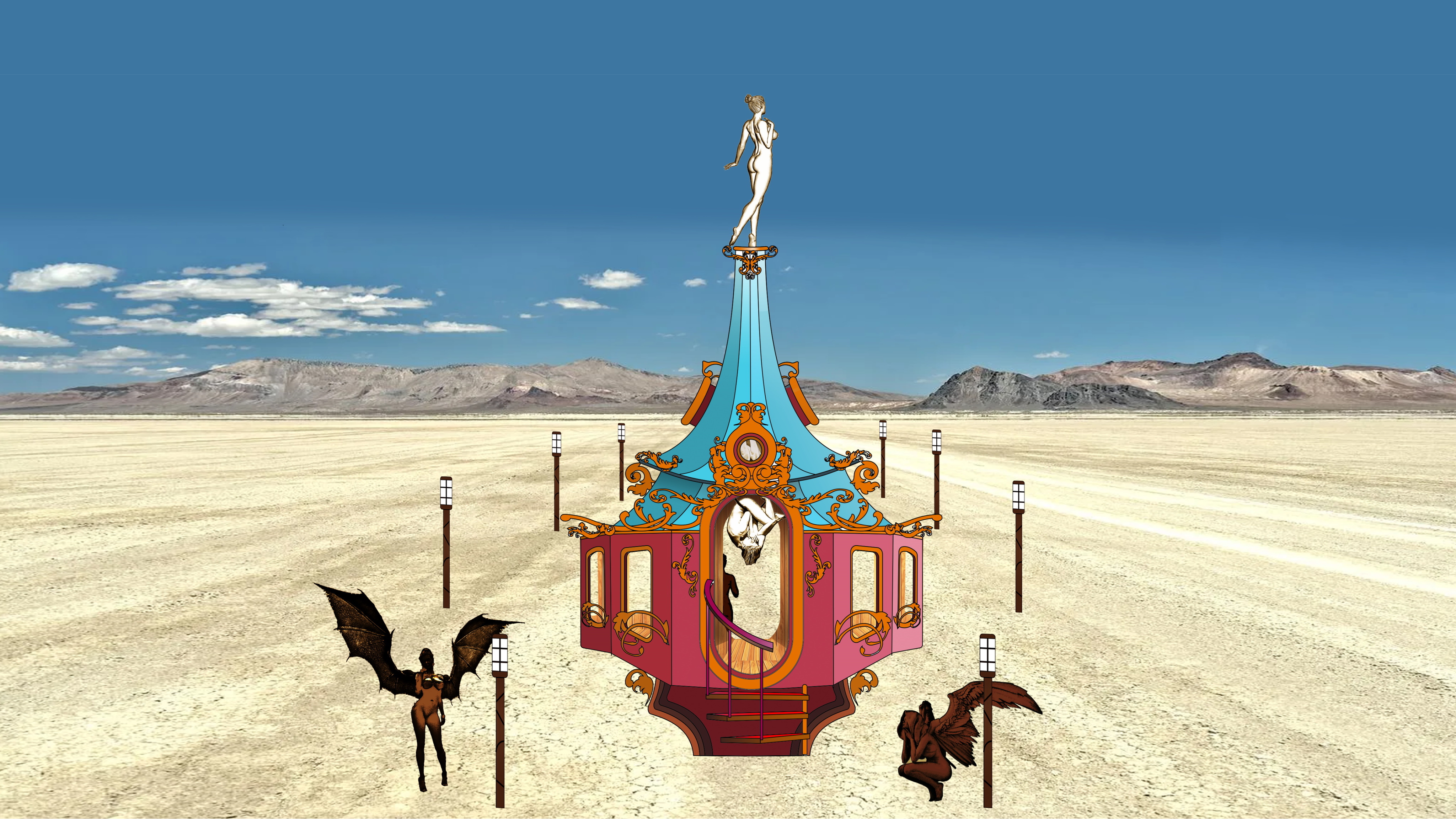 Concept art of Playful Again by day: a pink and turquoise carousel-like pavilion topped by a dancing figure, with winged figures and lamp posts on the playa
