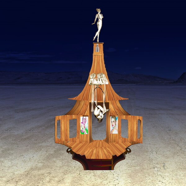 Concept art of a wooden, pagoda-style version of the pavilion at night, with a figure on an aerial hoop inside and a dancing figure on top