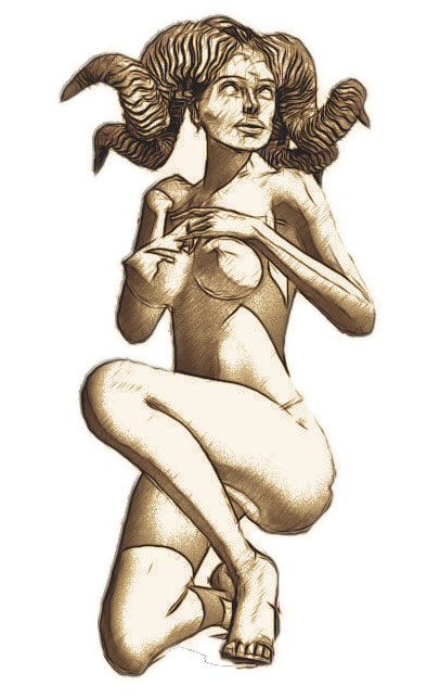 Sepia drawing of a kneeling woman with curling ram's horns, her arms crossed over her chest