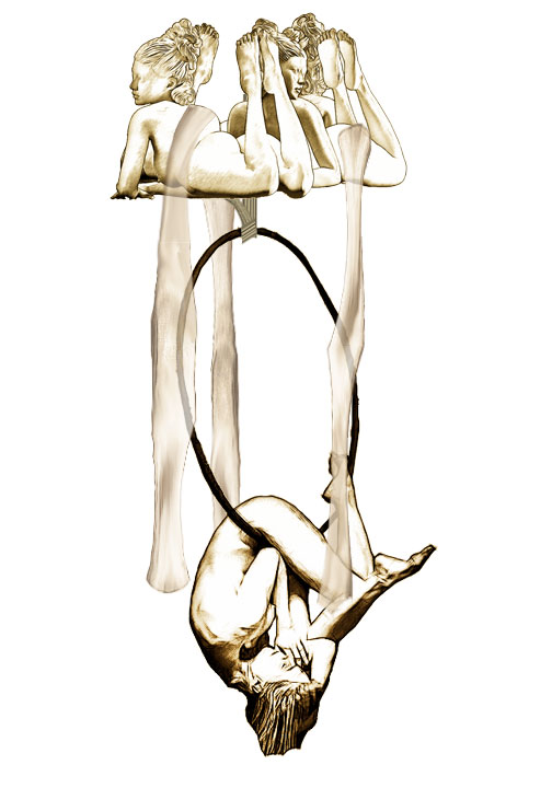 Sepia drawing of a figure performing on an aerial hoop beneath three seated figures