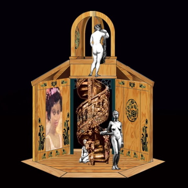 Concept art of the structure in carved wood, with a spiral staircase, a portrait of a woman and statue figures standing inside and on top
