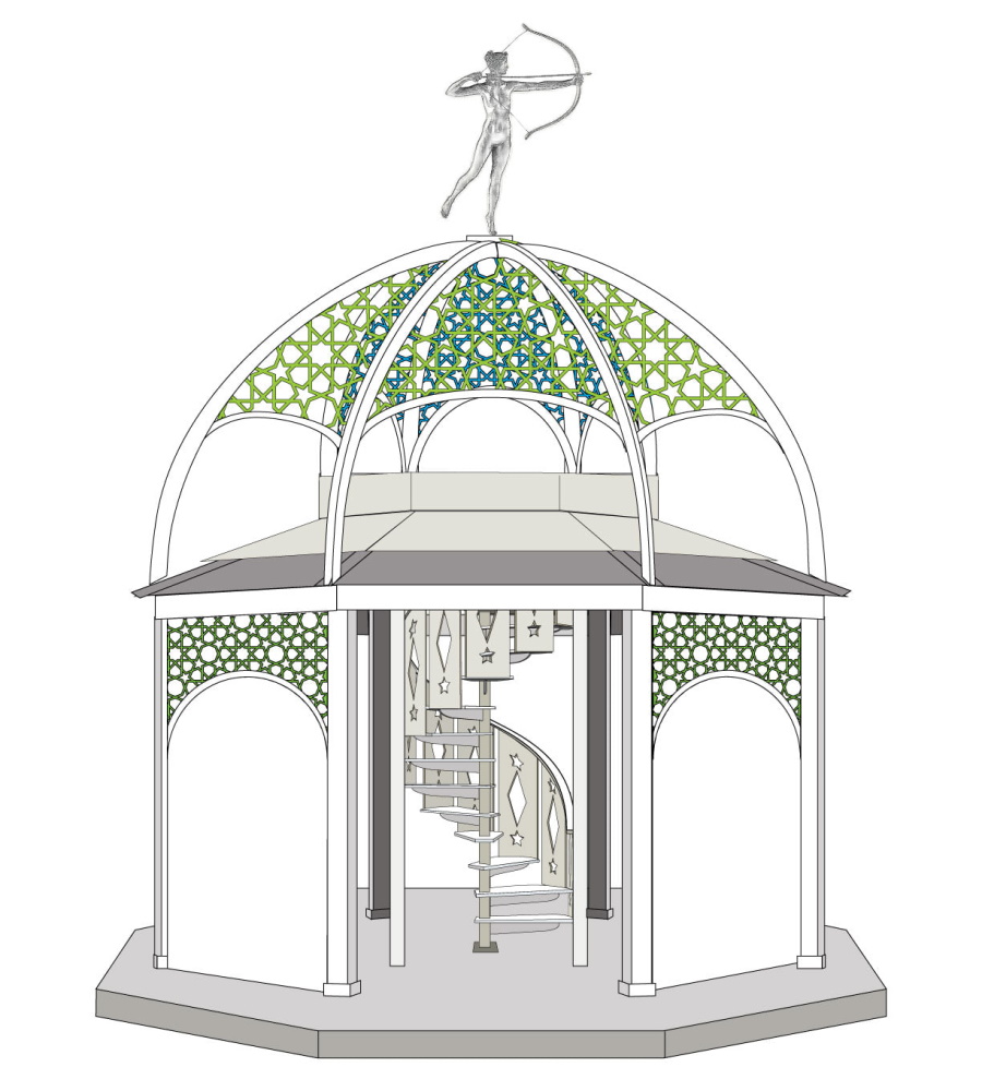 Design drawing of the central structure: an octagonal pavilion with a green lattice dome, an archer figure on top and a spiral staircase inside
