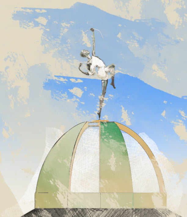 Concept art of the cupola exterior: a green and gold dome topped by an archer figure against a painted blue sky