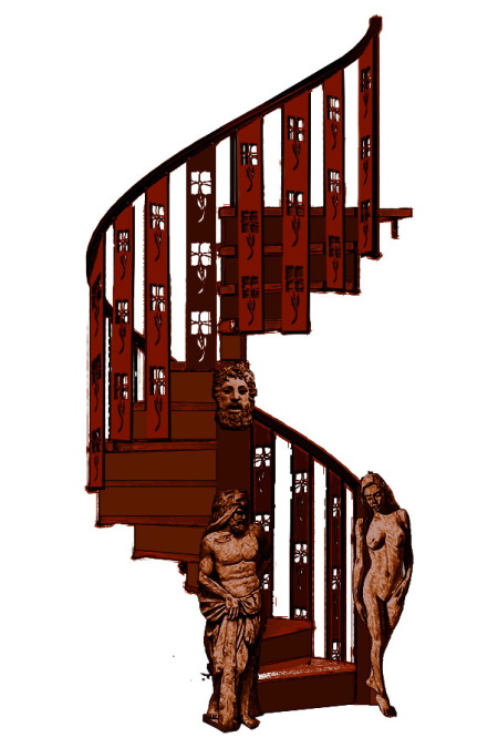 Concept art of a dark red spiral staircase with carved balusters, flanked by classical statues of a man and a woman