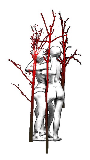 Concept art of a couple embracing among the trunks of blood red trees