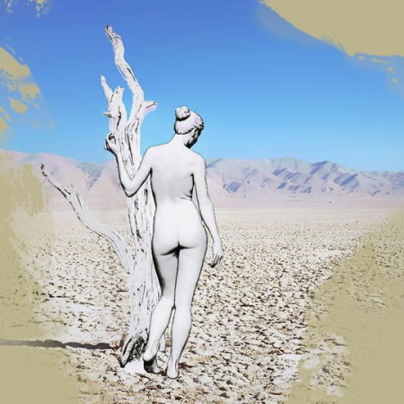 Concept art of a pale figure seen from behind, leaning against a bleached dead tree on a desert salt flat