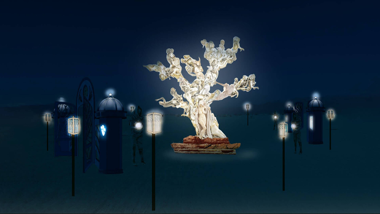 Concept art of Womantree at night: the glowing tree surrounded by lit lanterns and blue kiosks