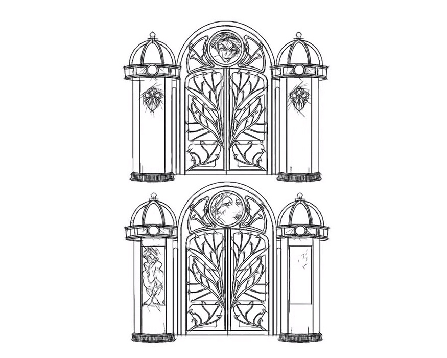 Line drawings of two versions of the entrance gate, each with domed kiosks and vine-patterned doors