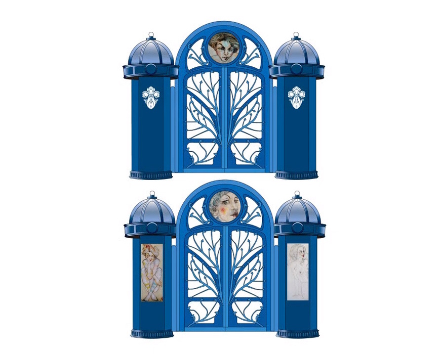 Two blue versions of the entrance gate with different painted faces in the medallion and portraits in the kiosk panels