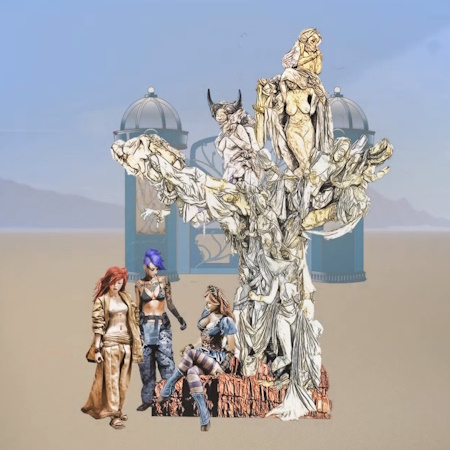 Concept art of visitors in festival clothing sitting at the base of the Womantree, with blue kiosks behind it