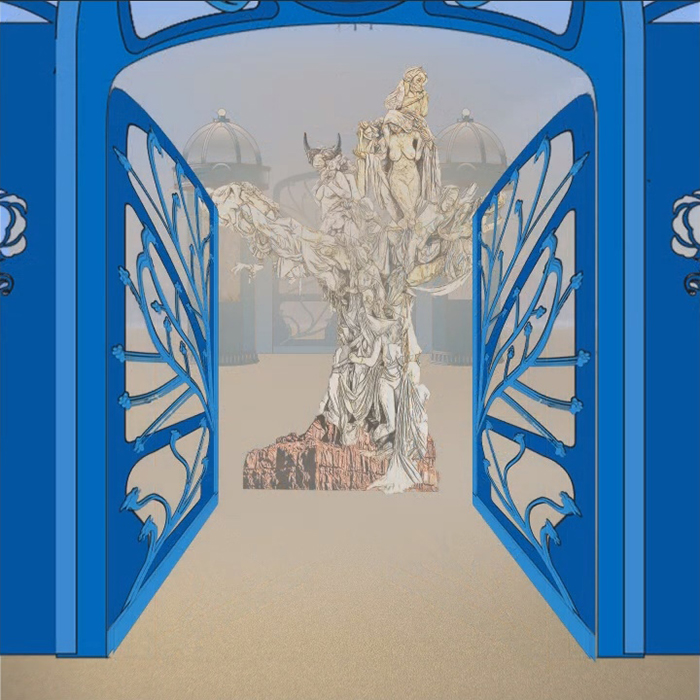 Rendering looking through the open blue gate toward the Womantree on the playa