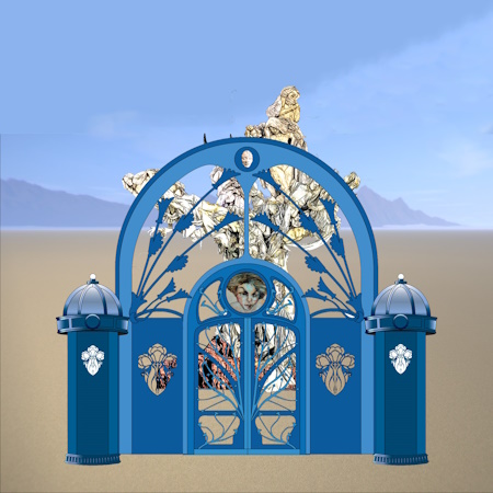 Rendering of the blue entrance gate with the Womantree rising behind it