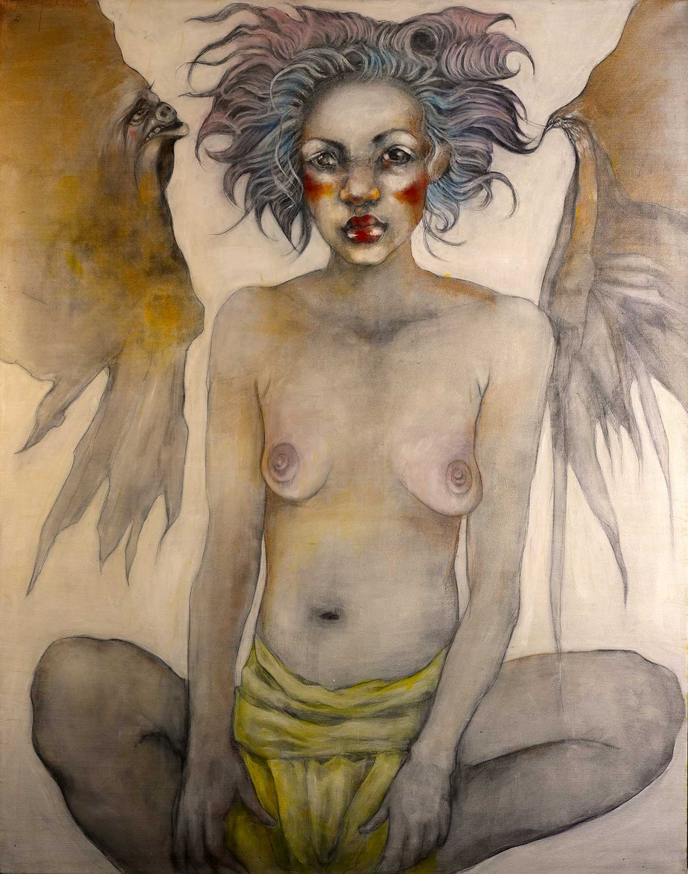 Painting of a seated winged woman with tousled violet-gray hair and flushed cheeks, wearing a yellow cloth