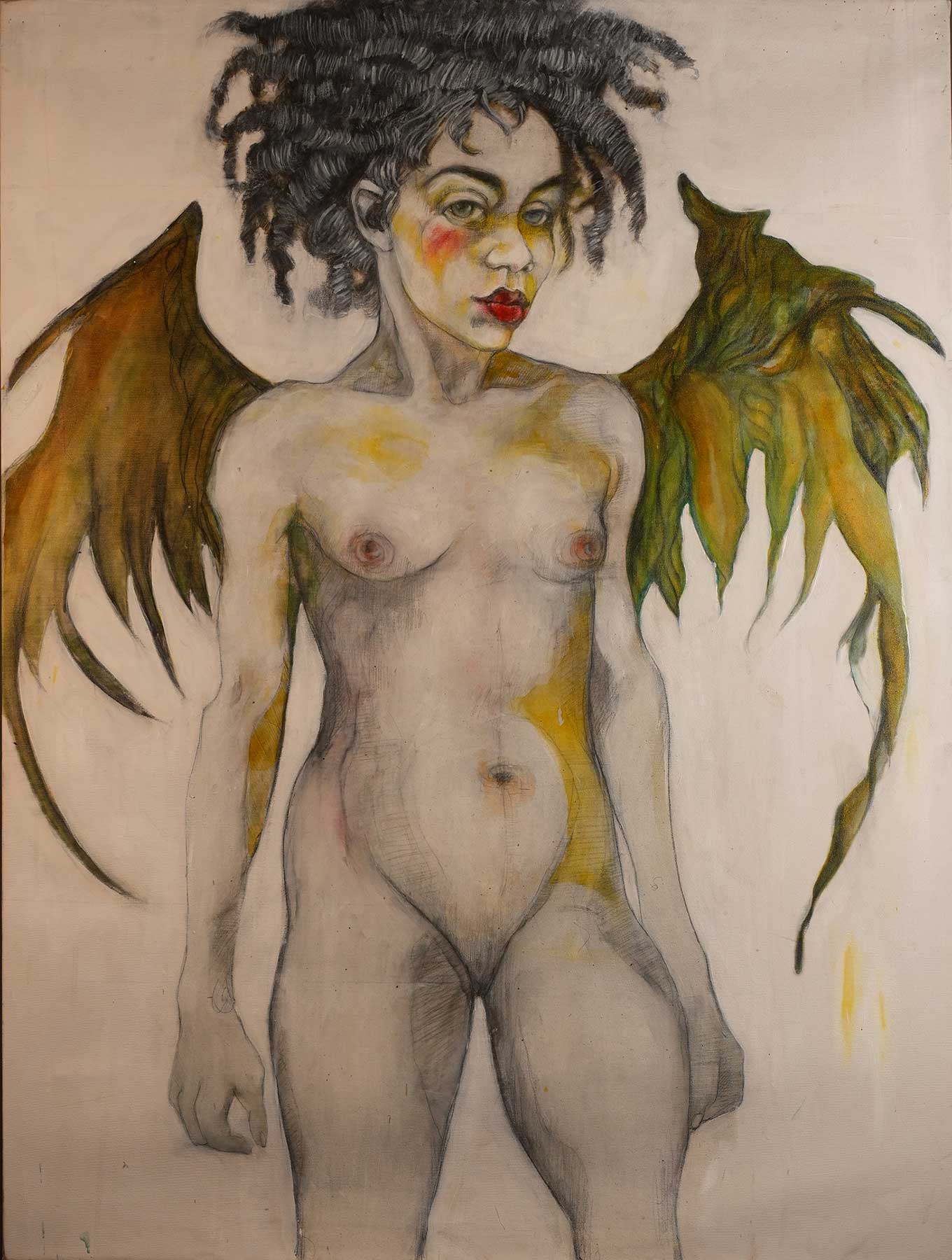 Painting of a standing winged woman with dark curly hair and green-gold wings