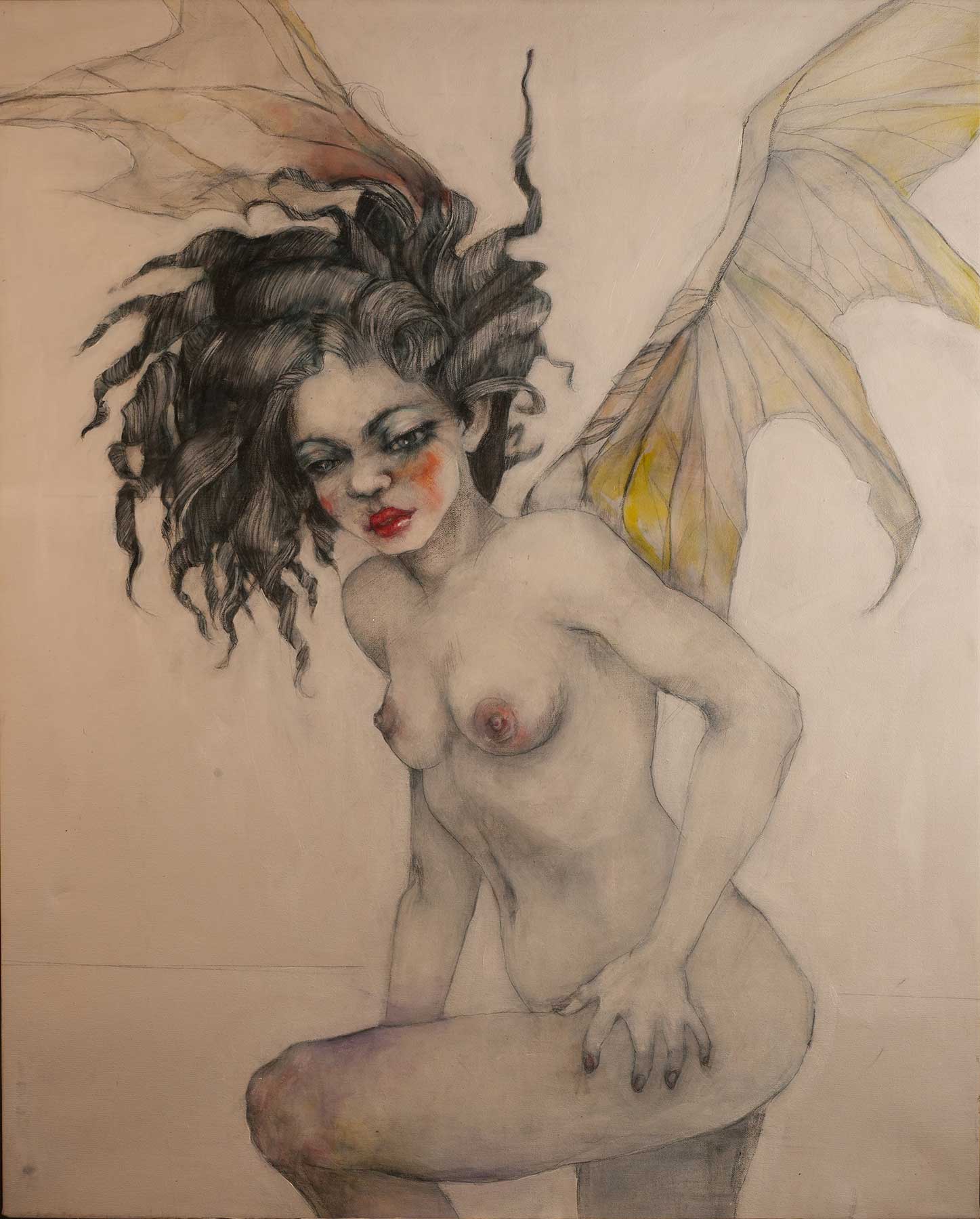Painting of a winged woman with dark windswept hair, leaning forward with one knee raised