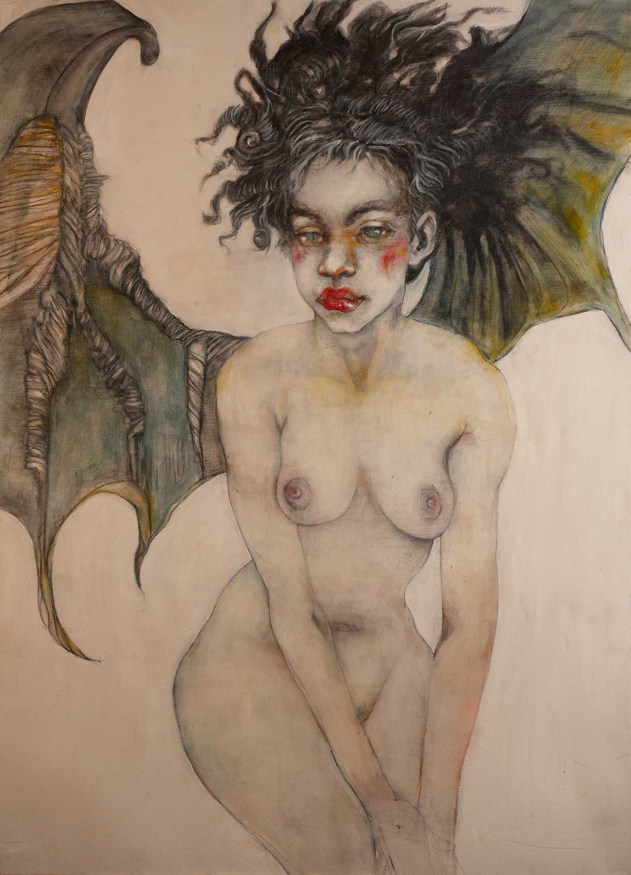 Painting of a winged woman with dark hair and red lips, standing before dark green bat-like wings