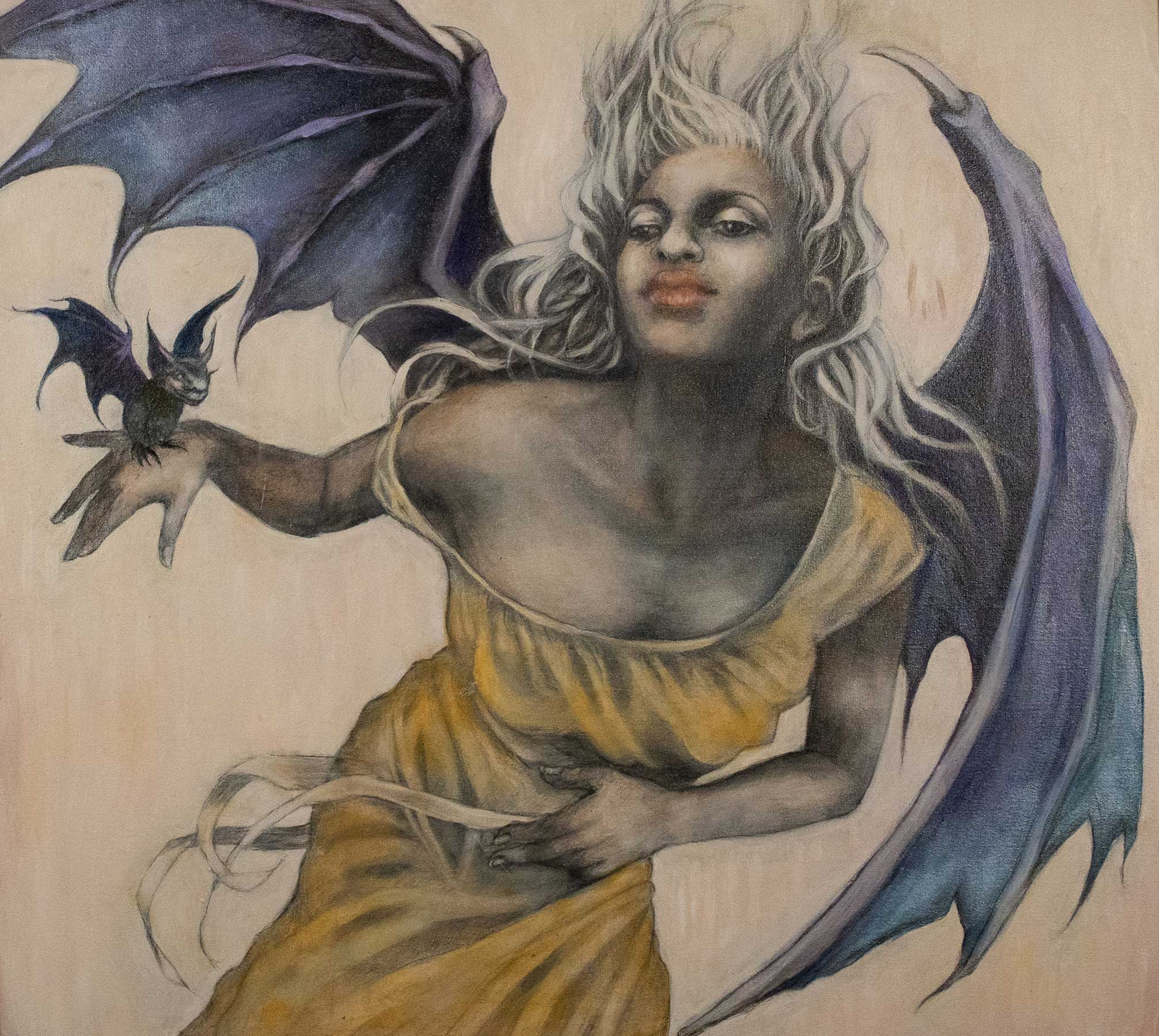 Painting of a woman with flowing white hair and blue bat wings, in a yellow dress, holding a small bat