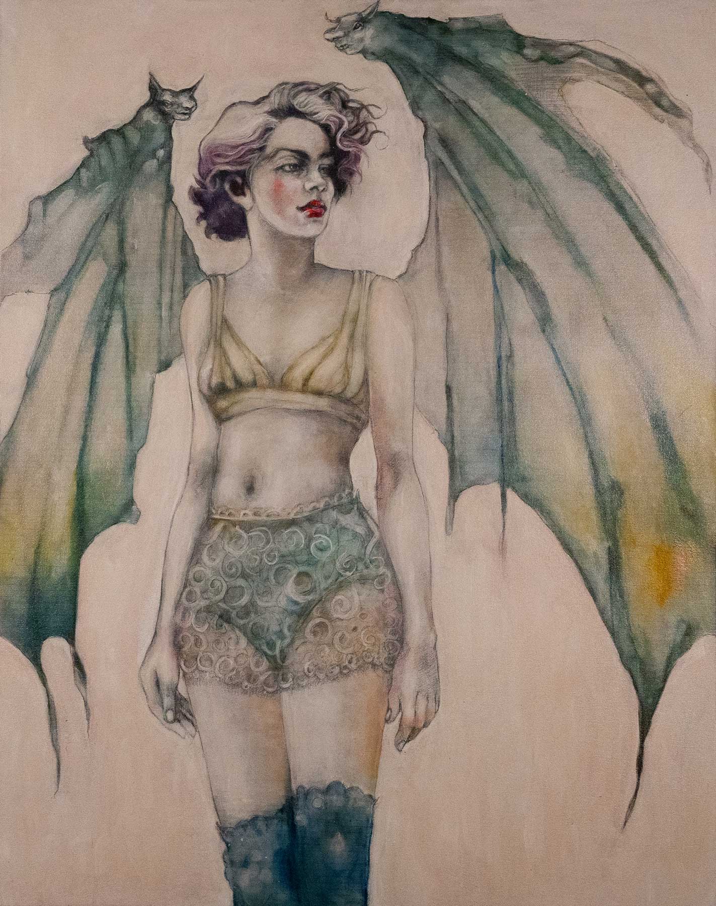 Painting of a woman with violet hair and teal bat wings, wearing a lace top and shorts with teal stockings